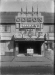 Exterior of Odeon bedecked for screening of Henry V